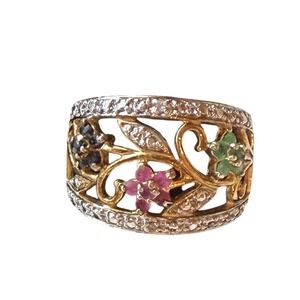 Ross Simons Gold Vermil 925 Floral Ruby Emerald Sapphire Gemstone Ring Size 7.25